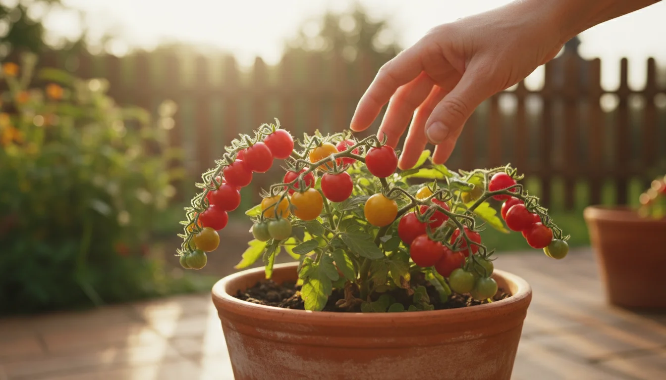A hand hovers over ripe red and yellow micro-tomatoes on a plant in a terracotta pot, bathed in golden hour light on a patio.