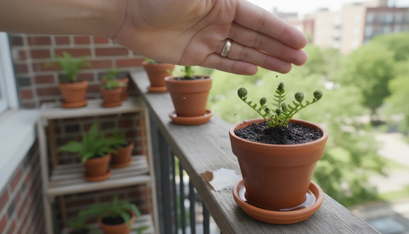 A hand hovers over a terracotta pot with visibly wet soil and a slightly yellowing plant on a balcony shelf. Tiny fungus gnats are barely visible.
