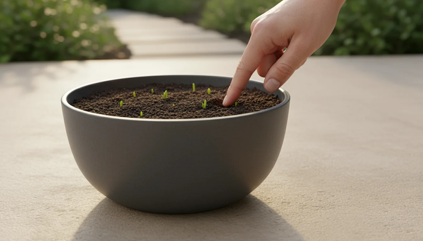 A hand's index finger checking the soil moisture in a container with tiny green sprouts emerging, on a patio.