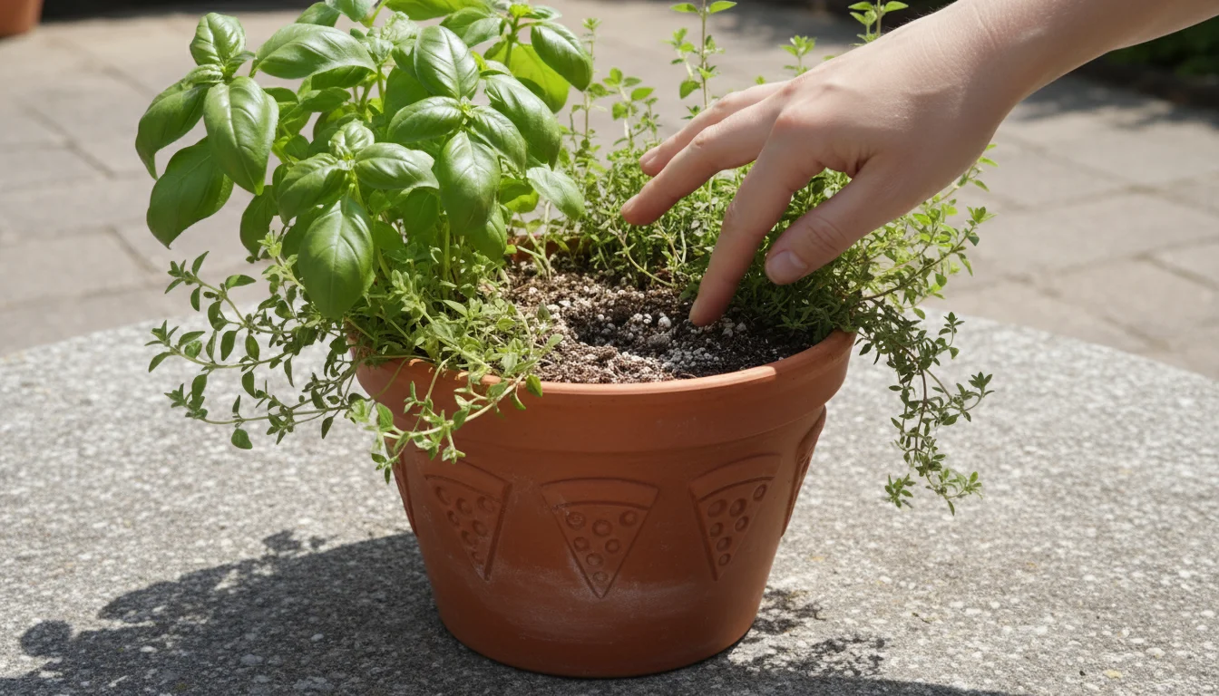 A hand's index finger checks the dry soil of a terracotta pot with basil, oregano, and thyme on a patio table, bathed in golden light.