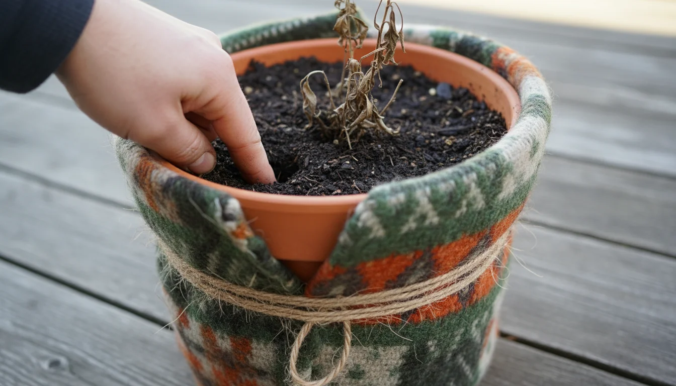A hand's index finger checks soil moisture in a terracotta pot wrapped in a patterned wool blanket on a wooden patio.