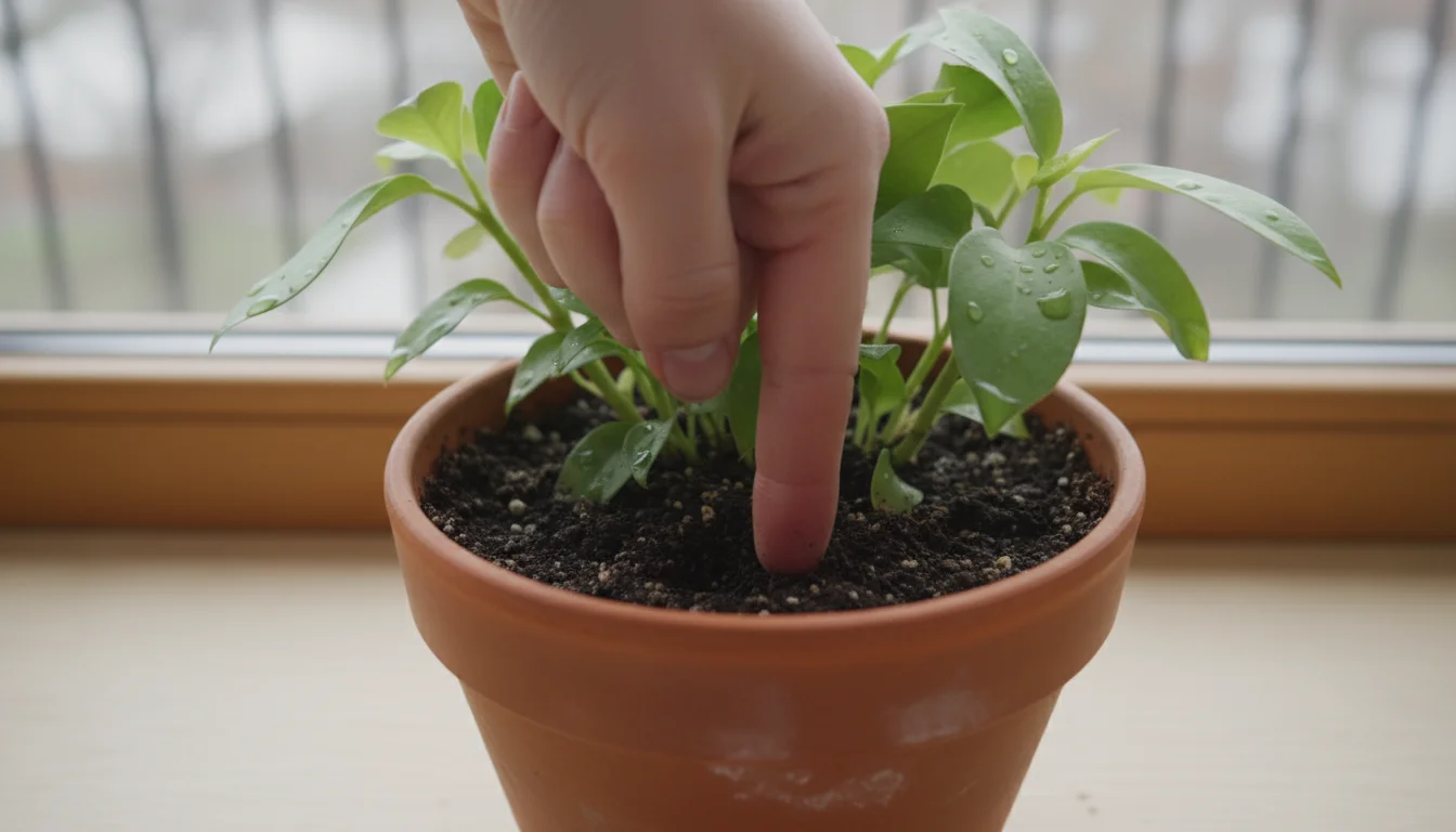 A hand with an index finger testing the moisture of potting soil in a terracotta pot with a small green plant, under soft natural light.