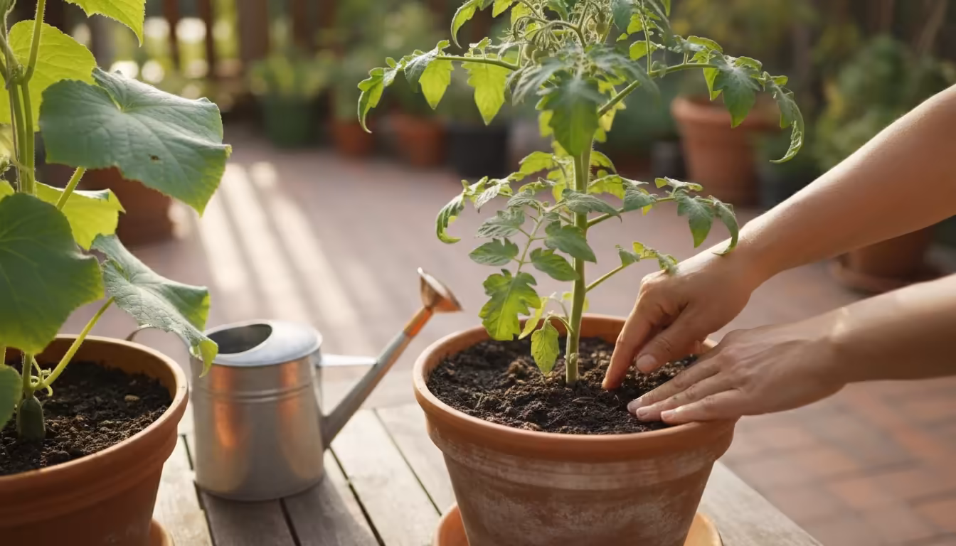 Close-up of a hand inserting a finger into the soil of a potted tomato plant on a sunny patio, checking moisture before watering. A watering can is vi