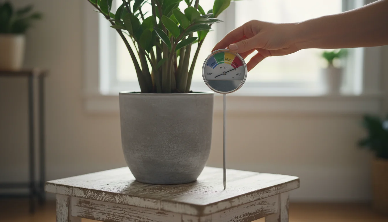Close-up of a hand inserting a simple analog soil moisture meter into a potted ZZ plant on a wooden stool, with the meter's dial clearly visible.