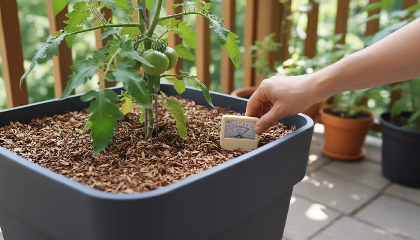 A hand inserts a moisture meter into mulched soil in a self-watering tomato pot on a patio, with a healthy plant and balcony railing.
