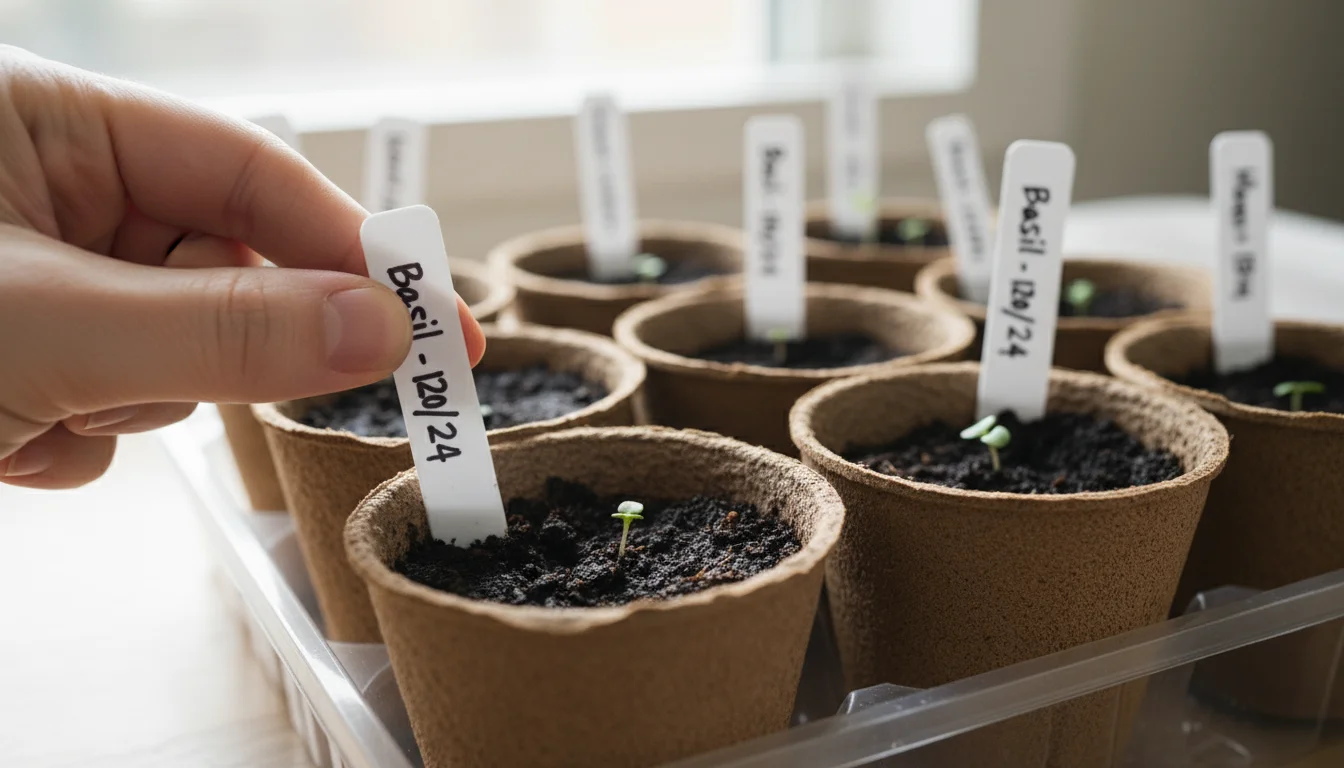 A hand inserts a plant marker labeled 'Basil - 12/01/24' into a small seed pot. Other labeled pots are blurred in the background.