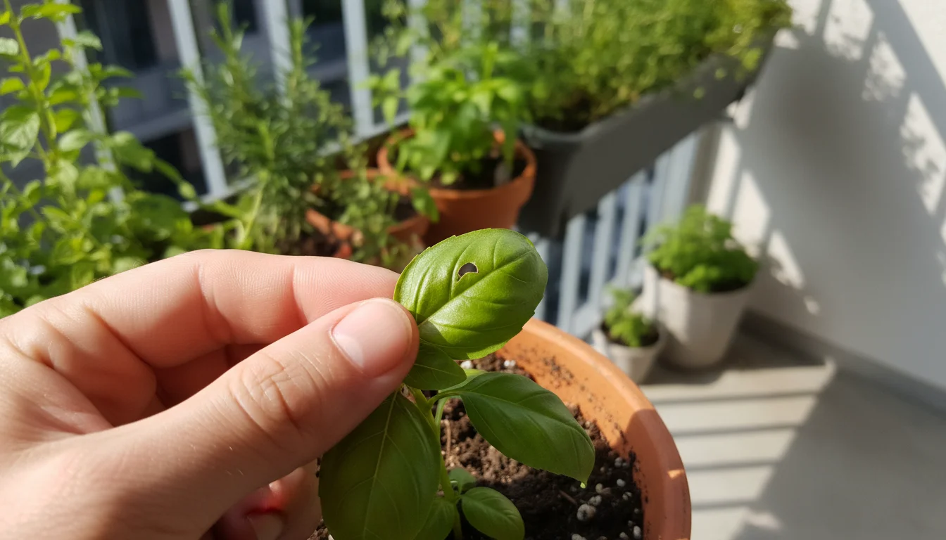 Close-up of a hand gently inspecting a basil leaf in a terracotta pot on a balcony, revealing a tiny chew mark.