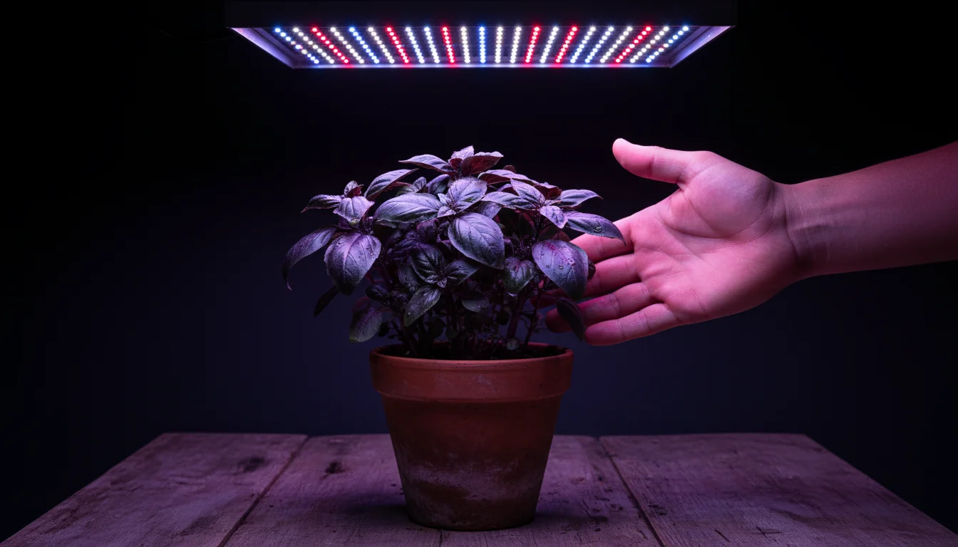 Close-up of a hand inspecting a basil plant under intense blurple grow light in a terracotta pot on a wooden shelf.