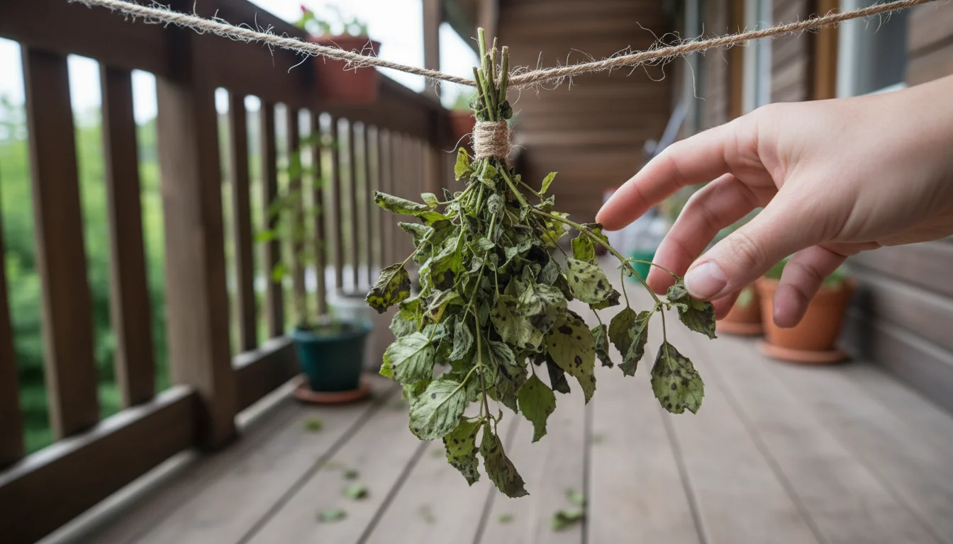 Close-up of a hand inspecting a bundle of drying herbs on a balcony, with many leaves discolored brown and black.