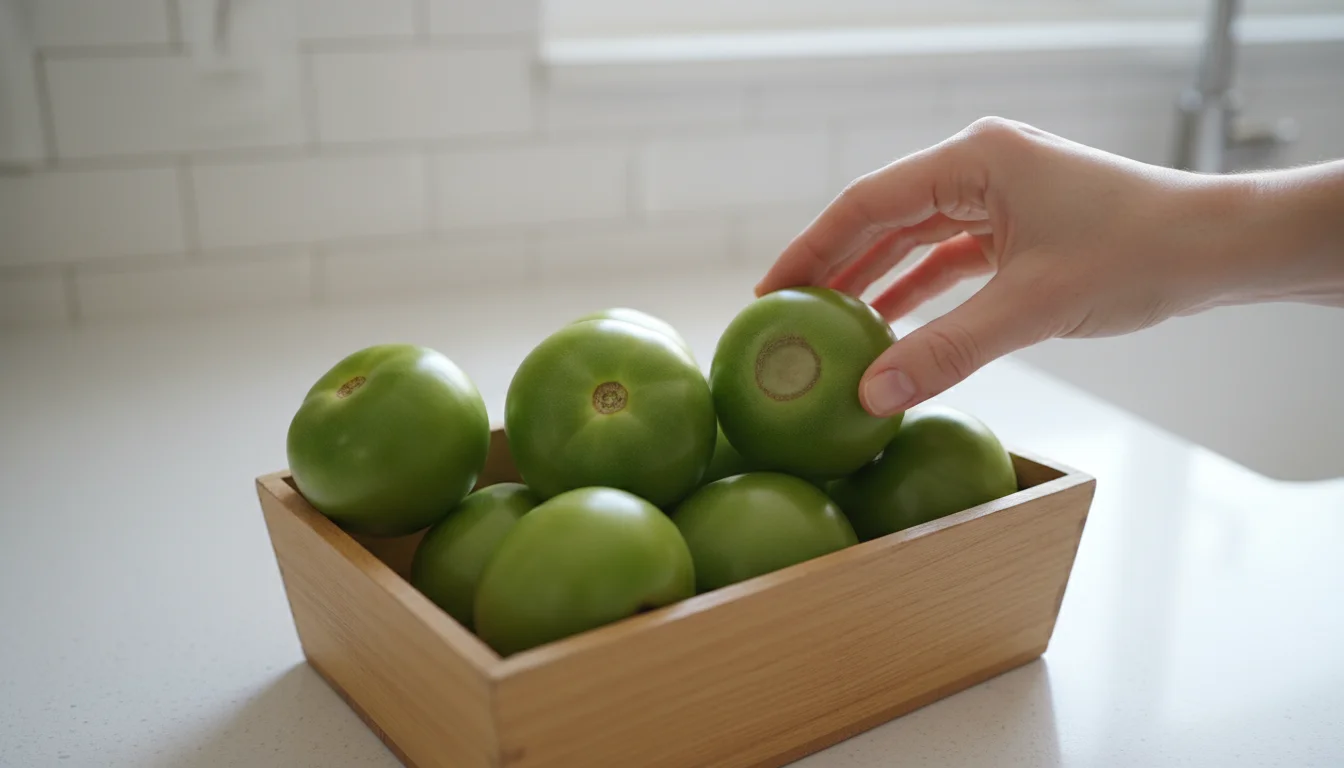 A hand inspecting green tomatoes in a wooden crate on a kitchen counter; one tomato has a small blemish.