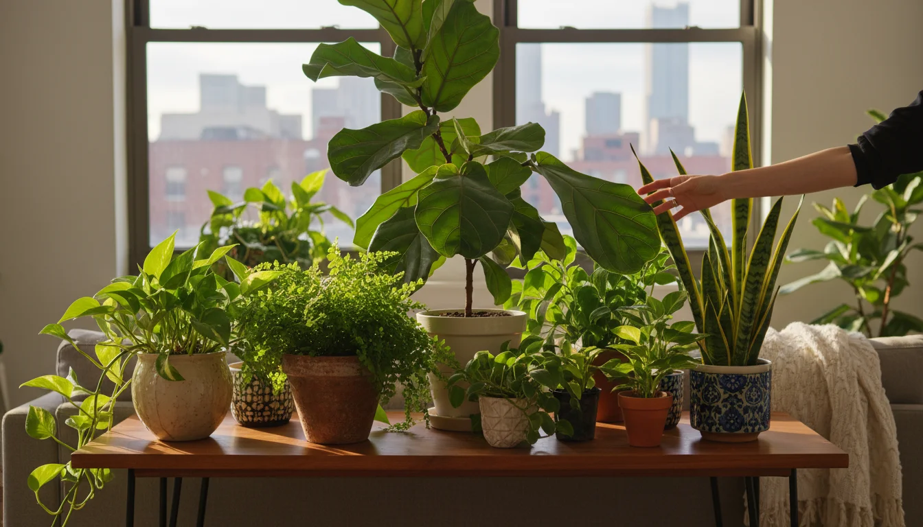 Hand inspecting leaf among a dense group of potted houseplants on a wooden table near a window, lit by soft afternoon sun.
