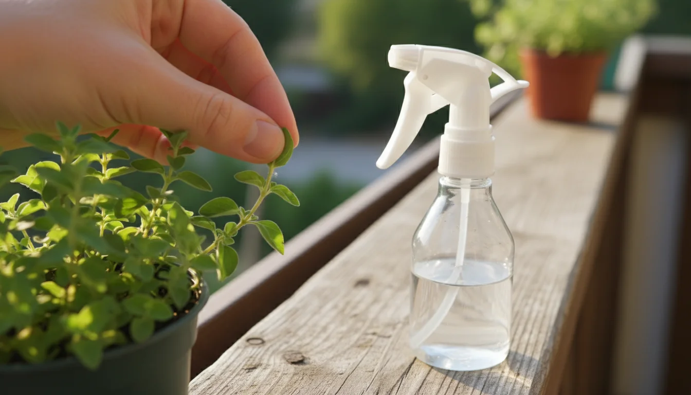A hand inspecting a potted oregano plant on a balcony railing, revealing a tiny white pest spot on a leaf.