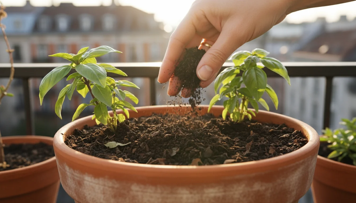 Close-up of a hand gently inspecting rich, dark leaf mold in a terracotta pot with a thriving basil plant on a sunny balcony.