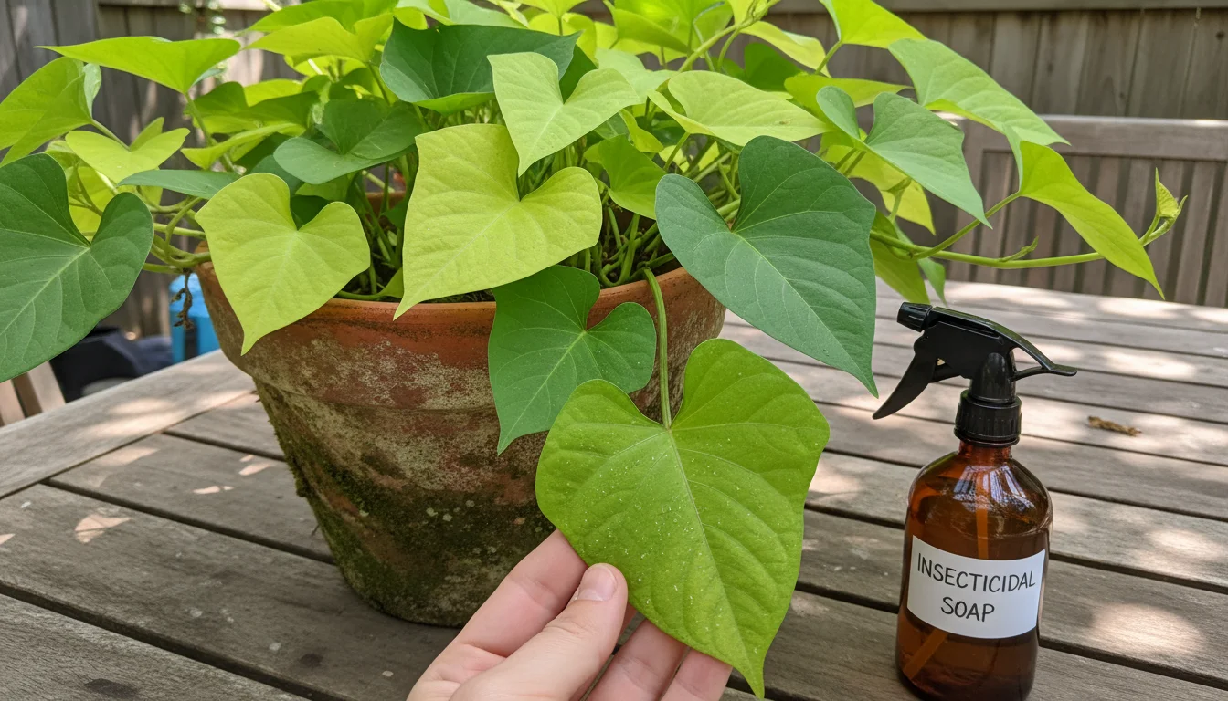 Hand gently inspecting a sweet potato vine leaf in a terracotta pot for subtle pest damage. An amber spray bottle is nearby.