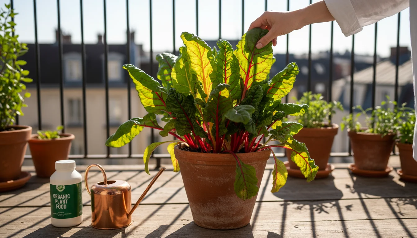 Hand inspecting Swiss chard leaves in a terracotta pot on a balcony, with a watering can and fertilizer bottle nearby.