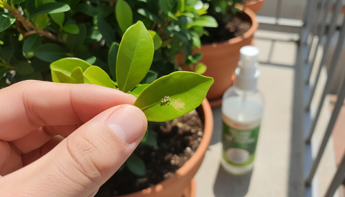 Close-up of a hand gently inspecting the underside of a green leaf on a container plant on a balcony, showing early signs of a pest.