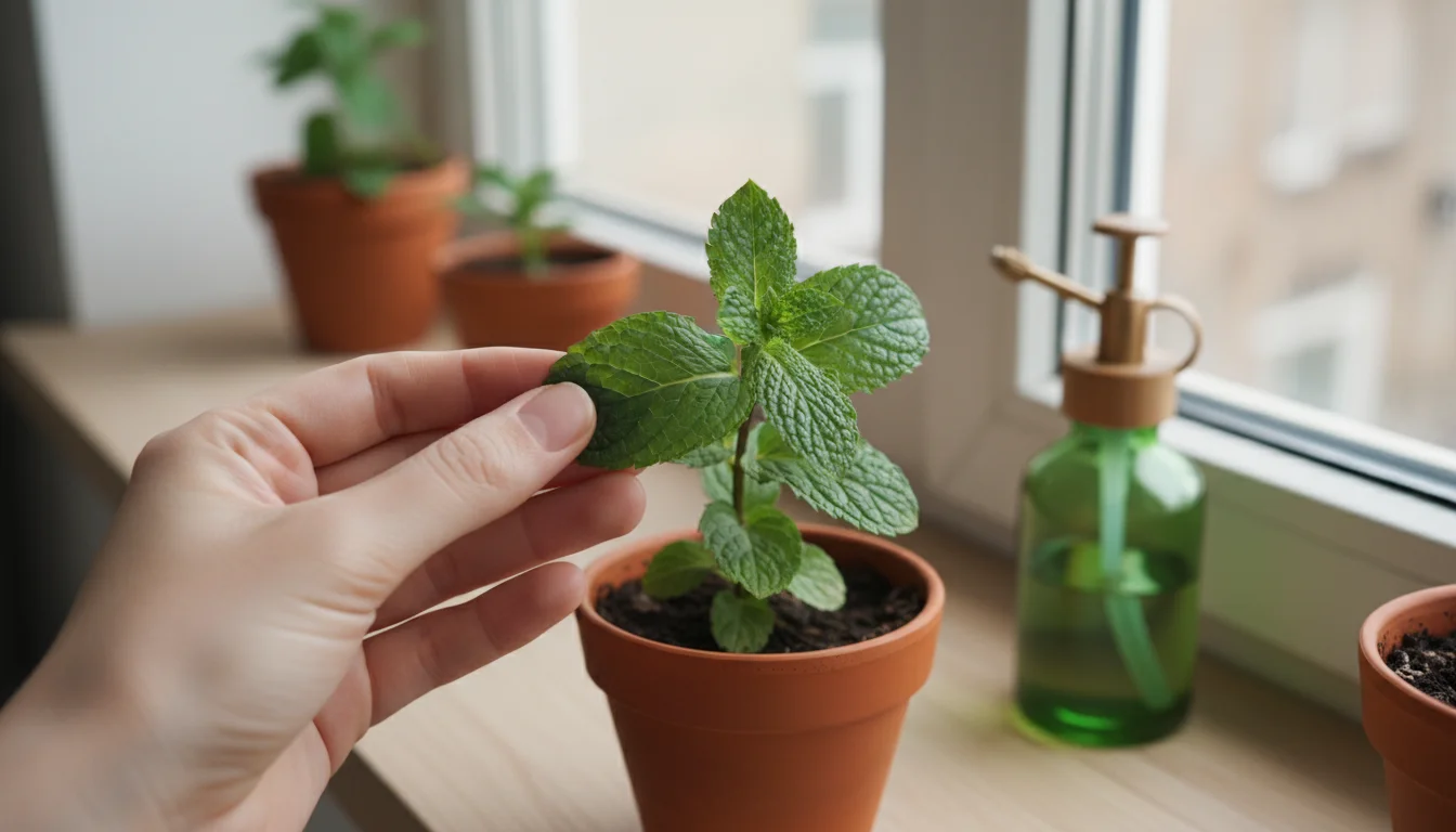 Hand inspecting underside of an indoor potted herb leaf, with a blurred spray bottle on a windowsill.