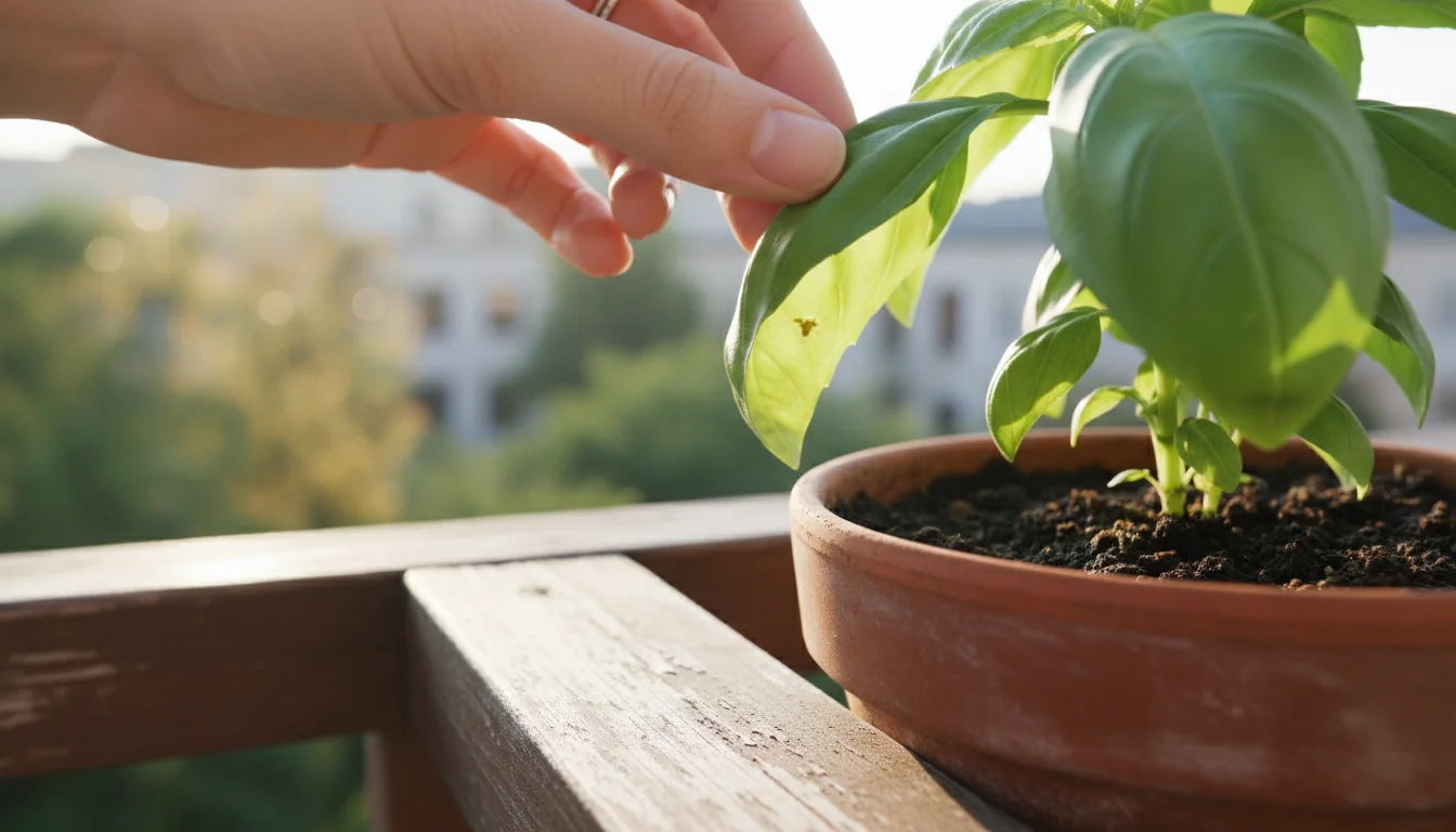 Close-up of a hand gently inspecting the underside of a vibrant green basil leaf in a terracotta pot on a balcony railing for subtle signs of pests.