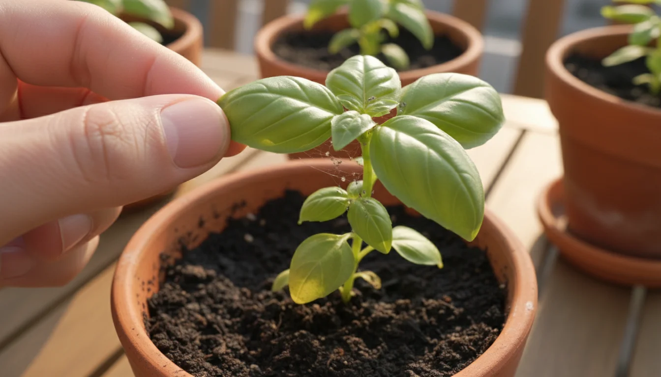 A hand gently inspects a basil leaf in a pot on a sunny patio, with some yellowing leaves visible on plants nearby.