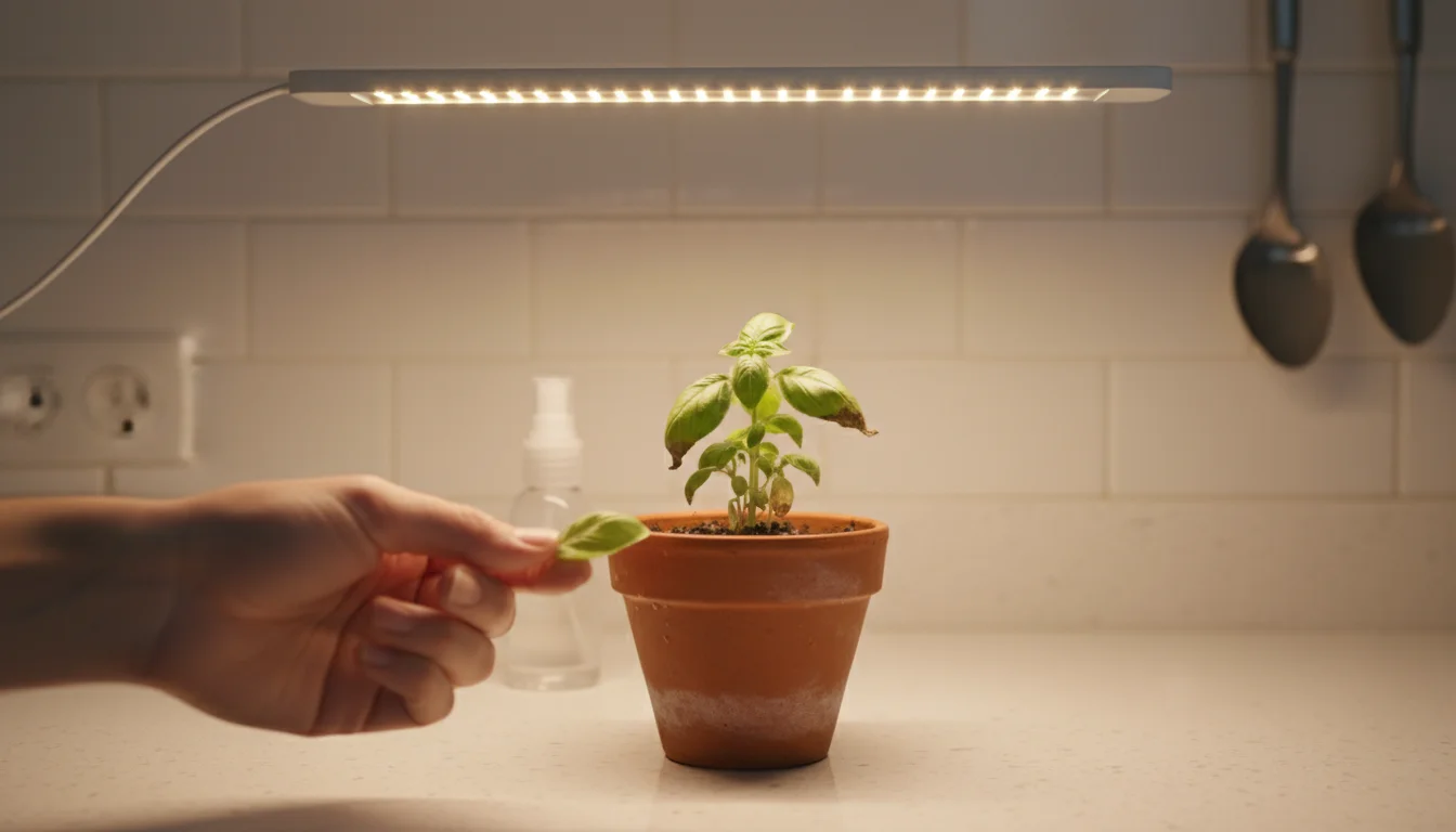 A hand gently inspects a basil plant with slightly yellowing leaves, under a warm LED grow light on a kitchen counter.
