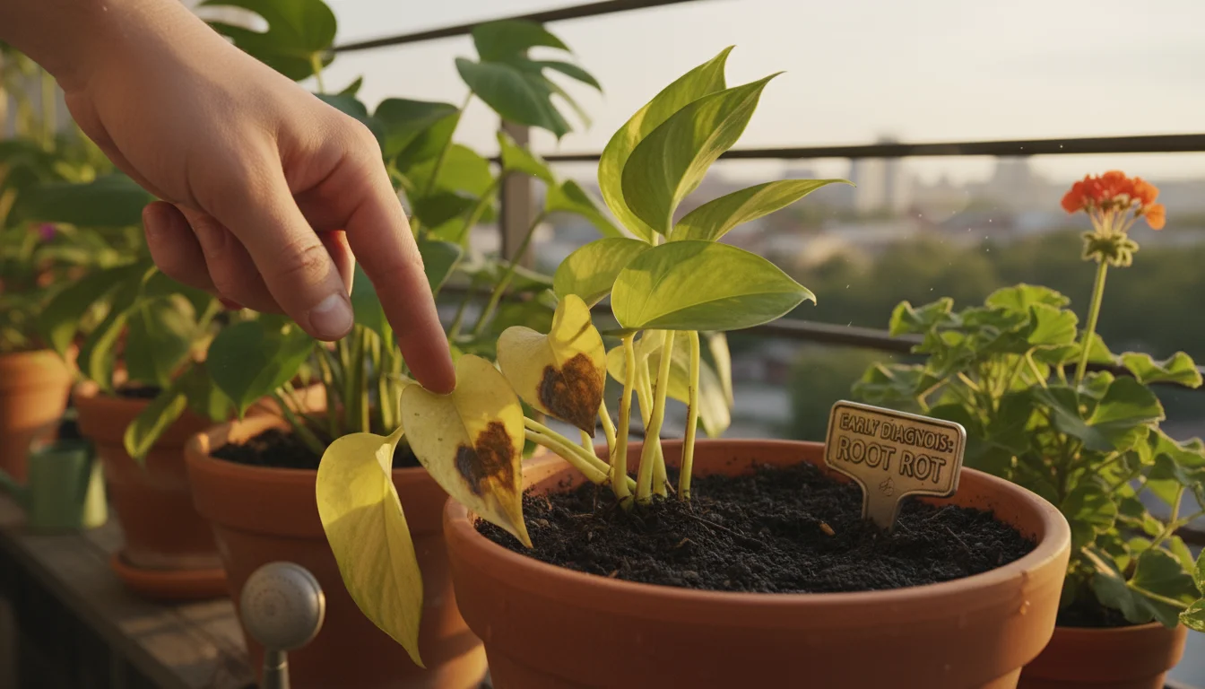 A hand inspects the dark, wet soil of a yellowing, drooping Pothos plant in a terracotta pot on a sunny balcony.
