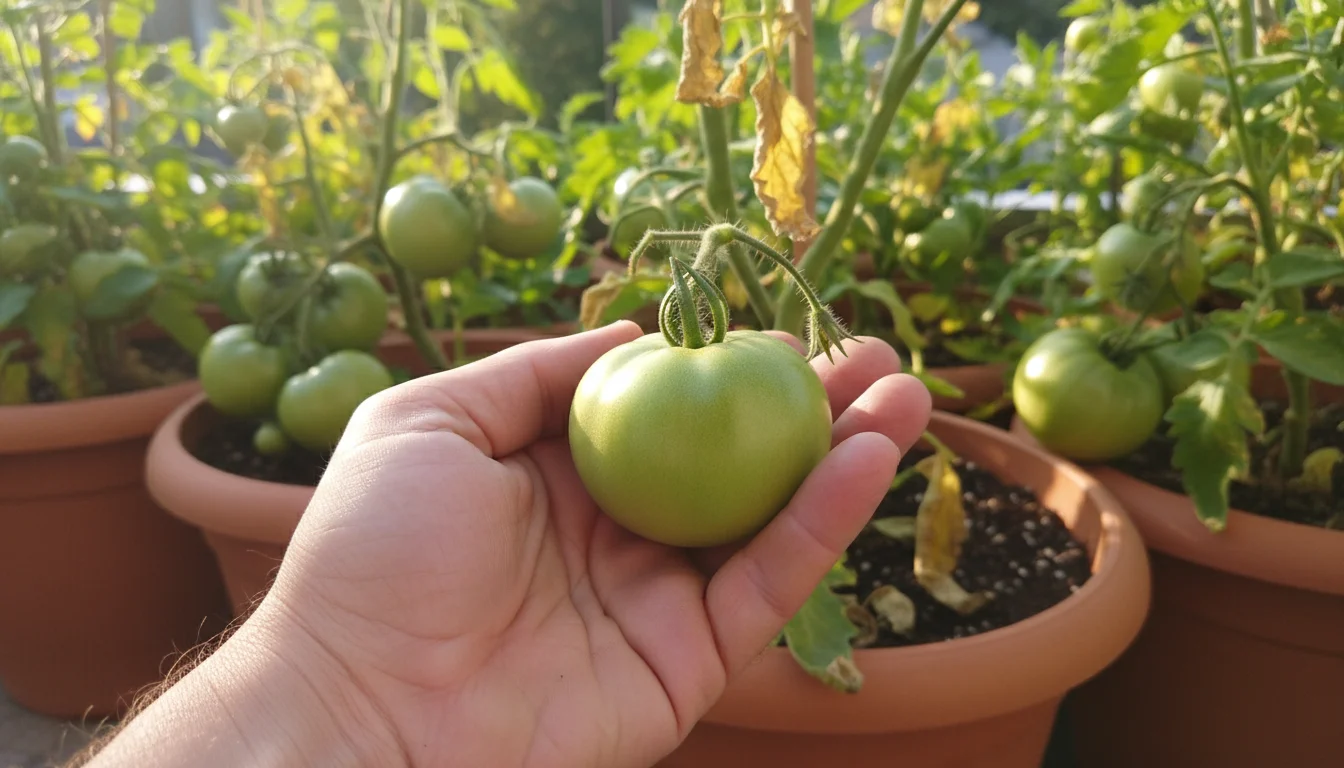 A hand gently inspects a firm green tomato still on its plant in a balcony pot, with other green tomatoes in the background.