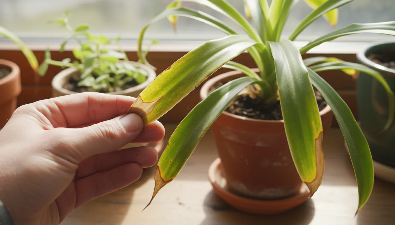 A hand inspects a houseplant leaf showing yellow edges and brown tips on a windowsill.