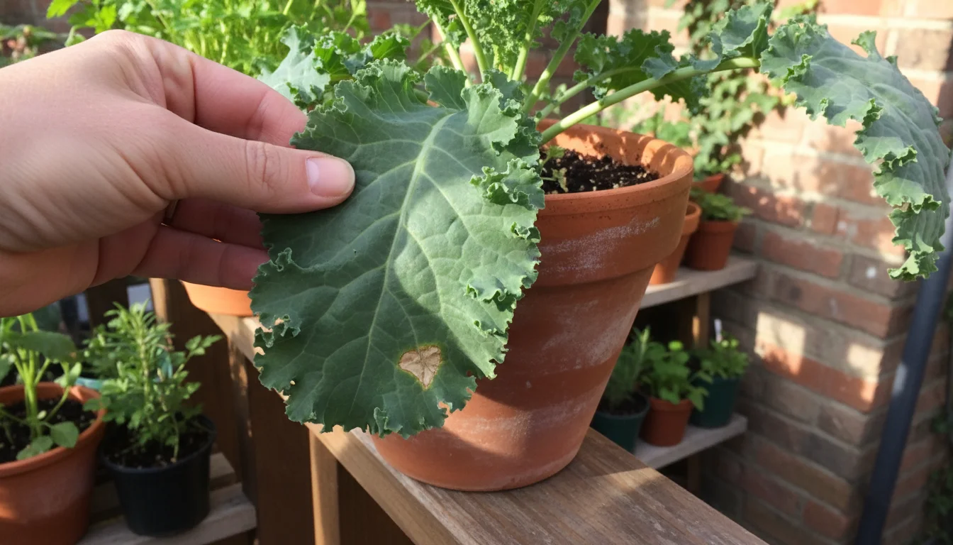 A hand gently inspects a kale leaf with a small imperfection in a terracotta pot on an urban balcony.