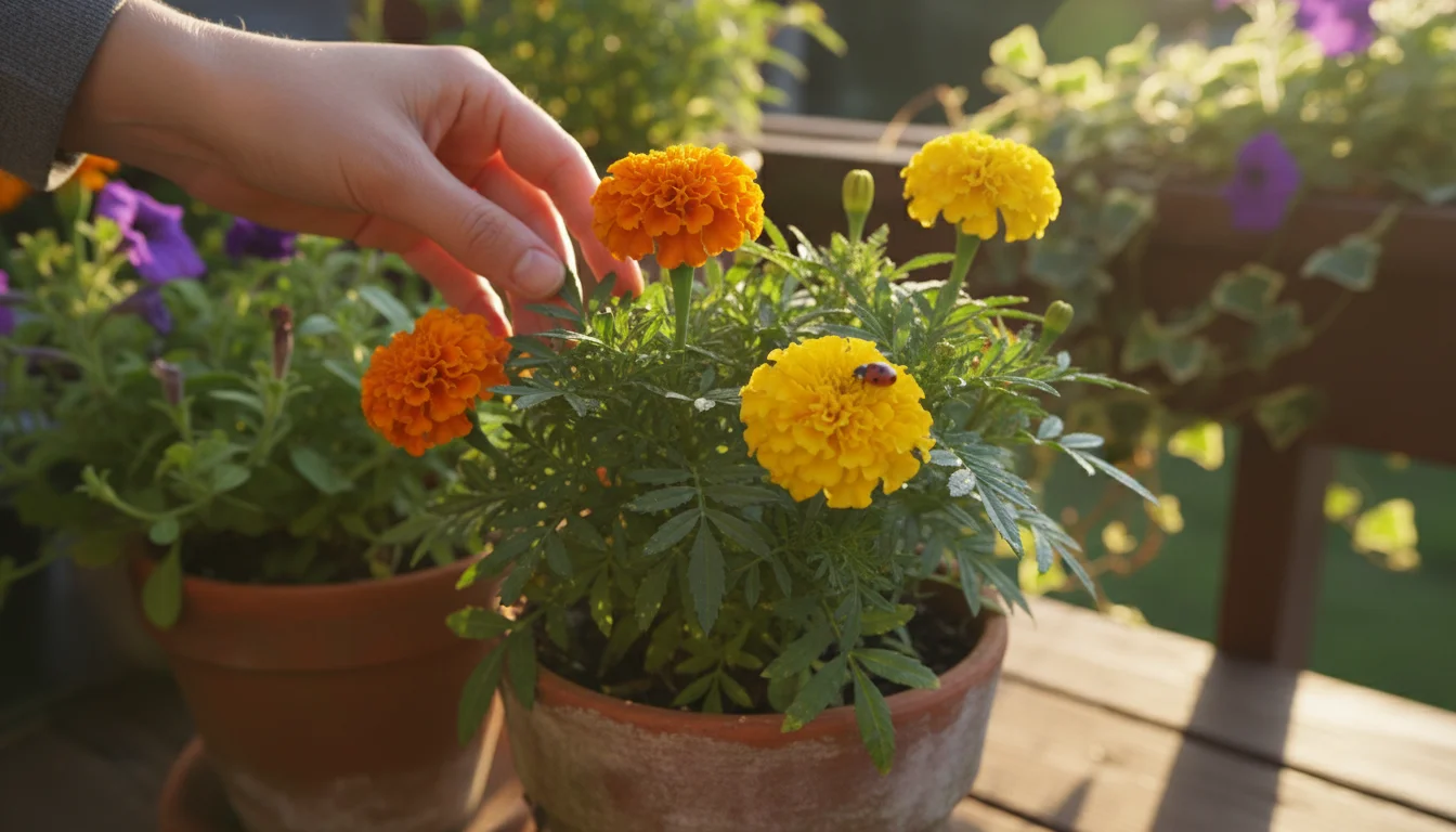 A hand gently inspects a marigold plant in a terracotta pot, with a bright red ladybug visible on a flower.