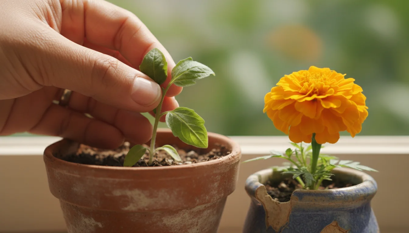 A hand gently inspects a micro-tomato plant leaf next to a blooming orange marigold in small pots on an urban balcony, illuminated by morning sun.