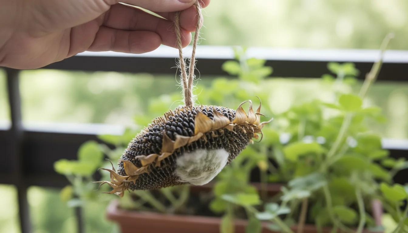A hand gently inspects a natural sunflower head bird feeder, revealing a small patch of white mold on its underside near the twine.