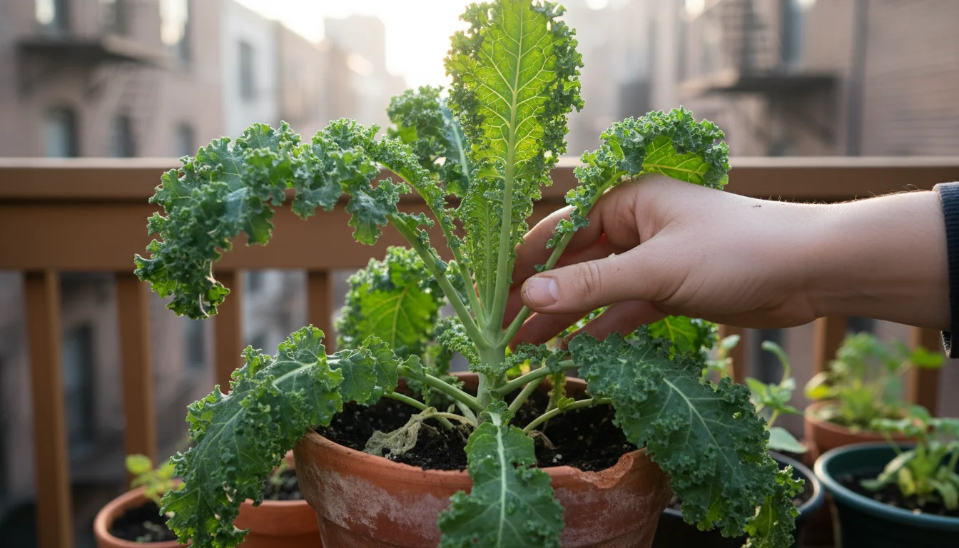 A hand inspects a potted kale plant on a patio, checking for frost damage on its dew-kissed leaves.