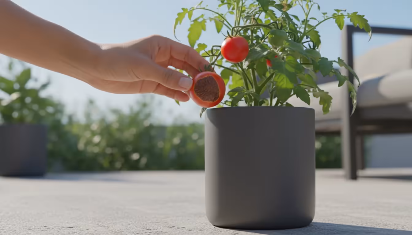 A hand inspects a small red 'Micro-Tom' tomato on a plant in a charcoal pot, revealing a dark blossom end rot spot.