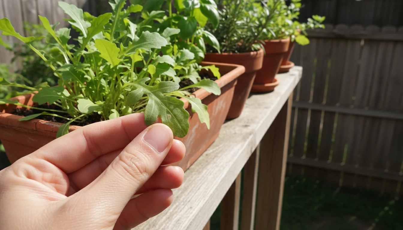 A hand gently inspects the underside of a vibrant green wasabi arugula leaf in a terracotta window box.