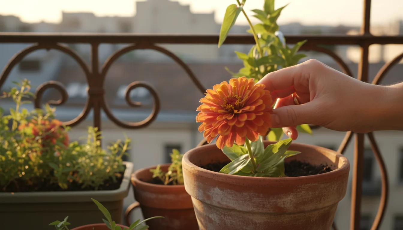 A hand carefully inspects a vibrant orange zinnia in a terracotta pot on a balcony, selecting the perfect bloom for preservation.