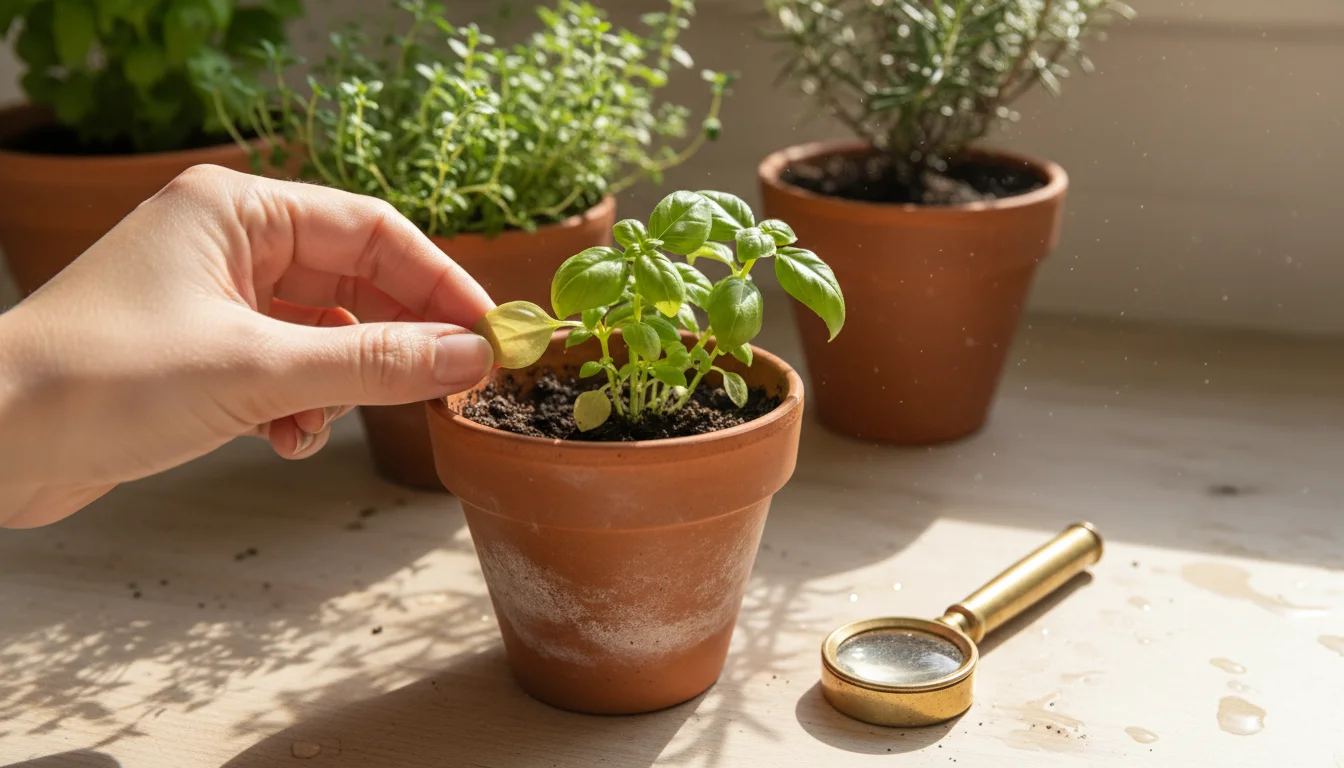 A hand inspects a yellowed basil leaf in a terracotta pot on a kitchen counter, with other herbs blurred in the background.
