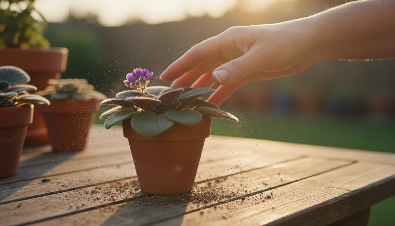 A hand gently jostles a potted plant on a wooden table, disturbed soil particles subtly visible under warm sunlight on a patio.