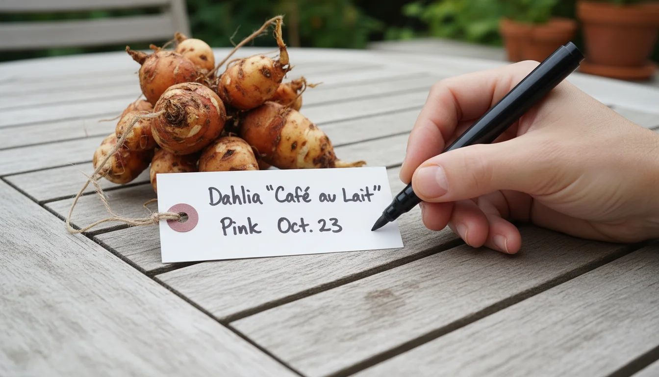 Close-up of a hand labeling a dahlia tuber cluster with its name, color, and date on a waterproof tag on a wooden table.