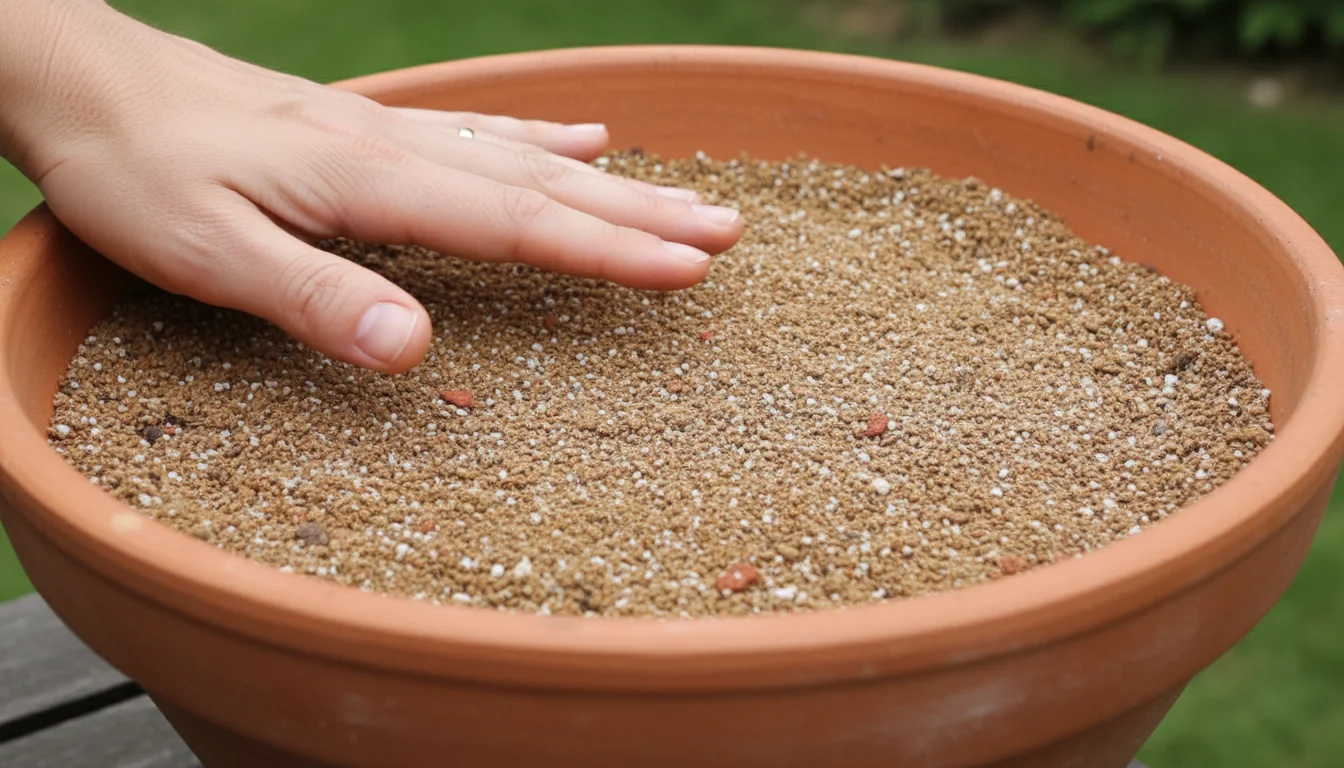 A hand gently levels light brown, gritty potting mix inside a wide terracotta bowl, leaving a clear space from the rim.