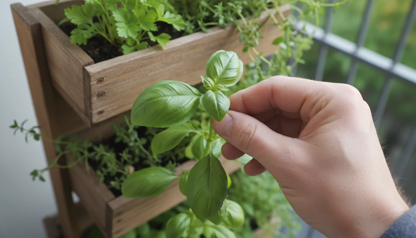 A close-up, slightly overhead shot of a hand lifting a basil leaf in a vertical garden planter on a balcony.
