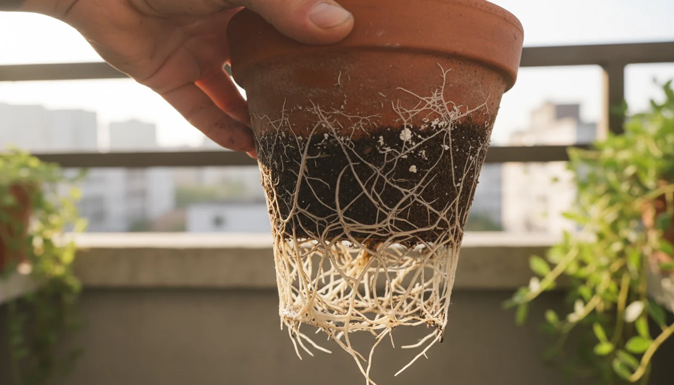 Hand lifting a terracotta pot on an urban balcony, showing dense white roots emerging from drainage holes and fine roots on the soil surface.