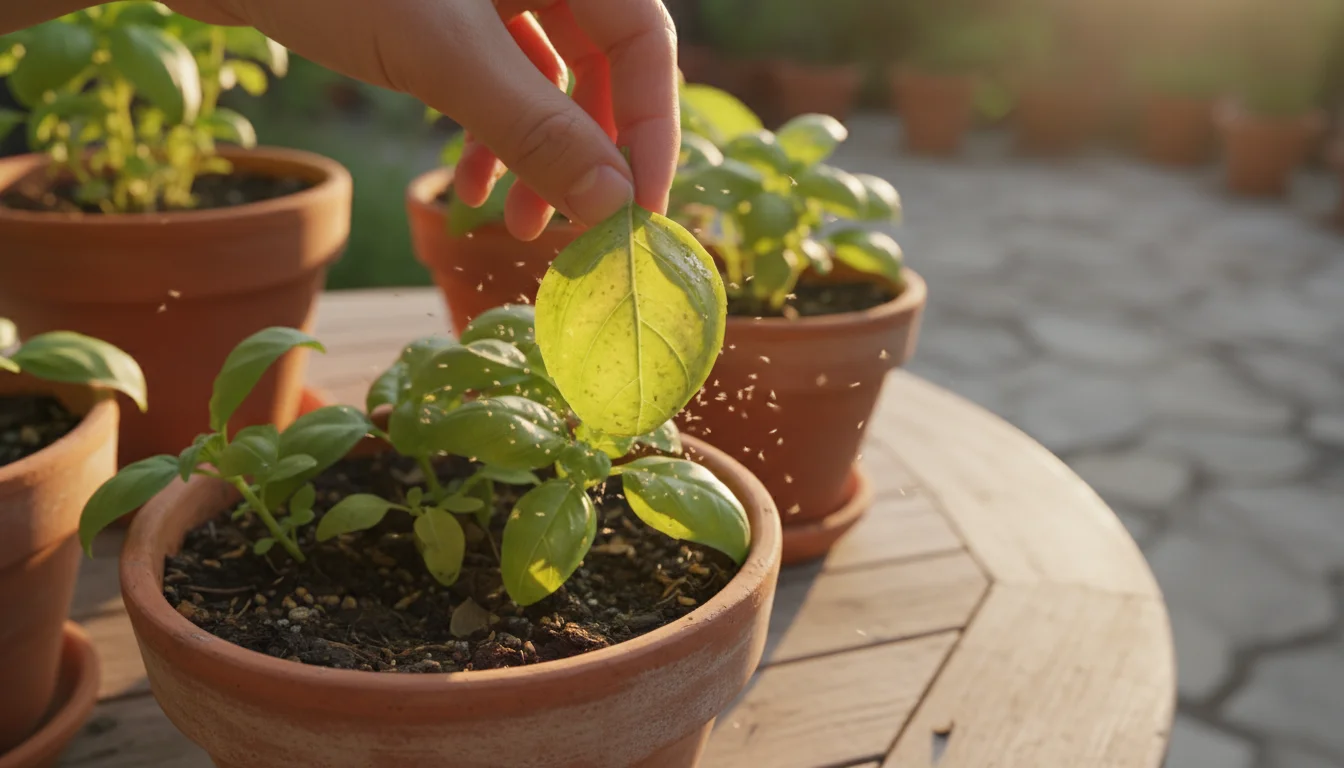 Close-up of a hand lifting a yellowing basil leaf in a terracotta pot, showing whiteflies fluttering up in golden afternoon light.