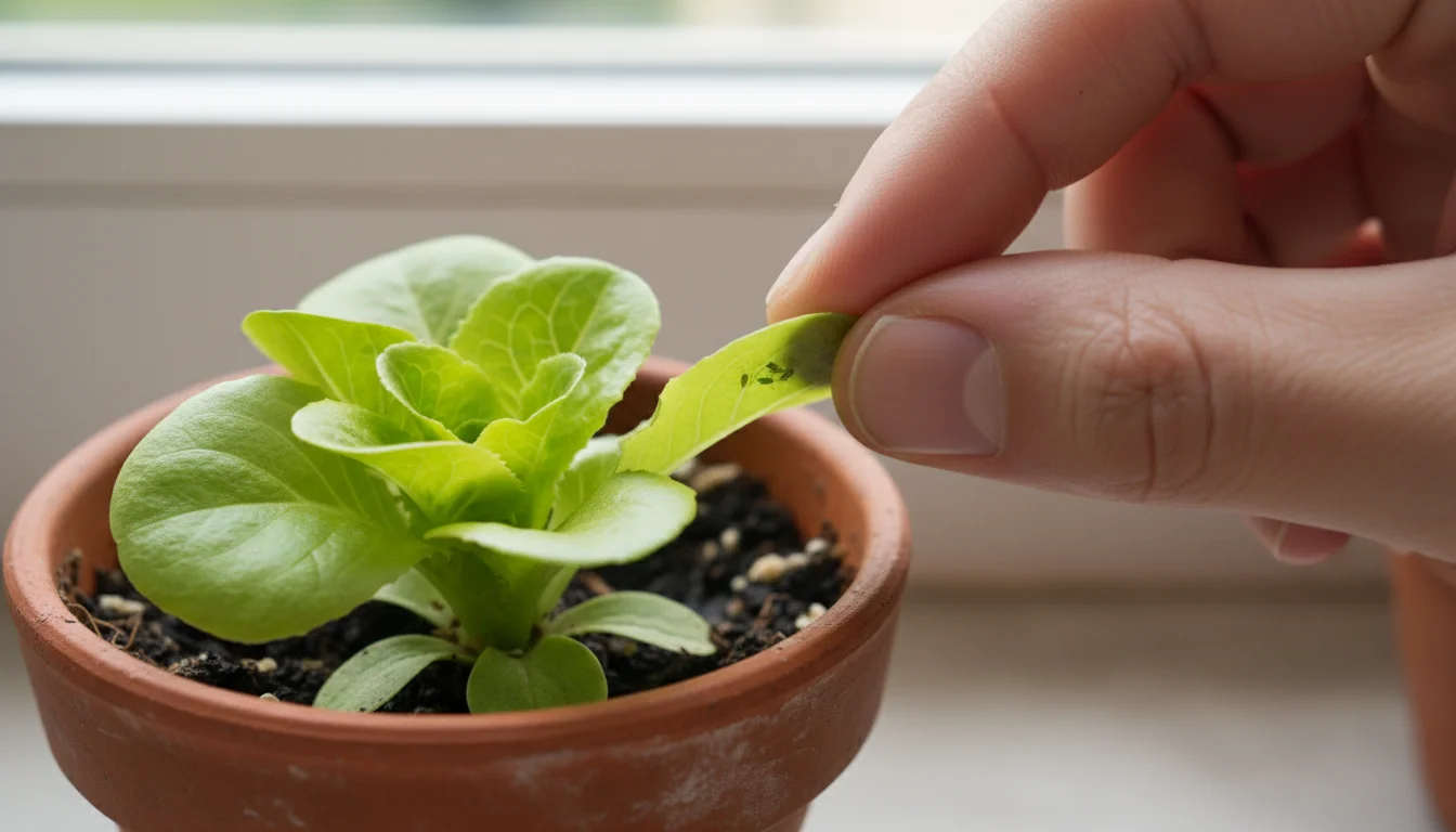 Close-up of a hand gently lifting a young lettuce leaf in a pot, revealing tiny green aphids on the underside.
