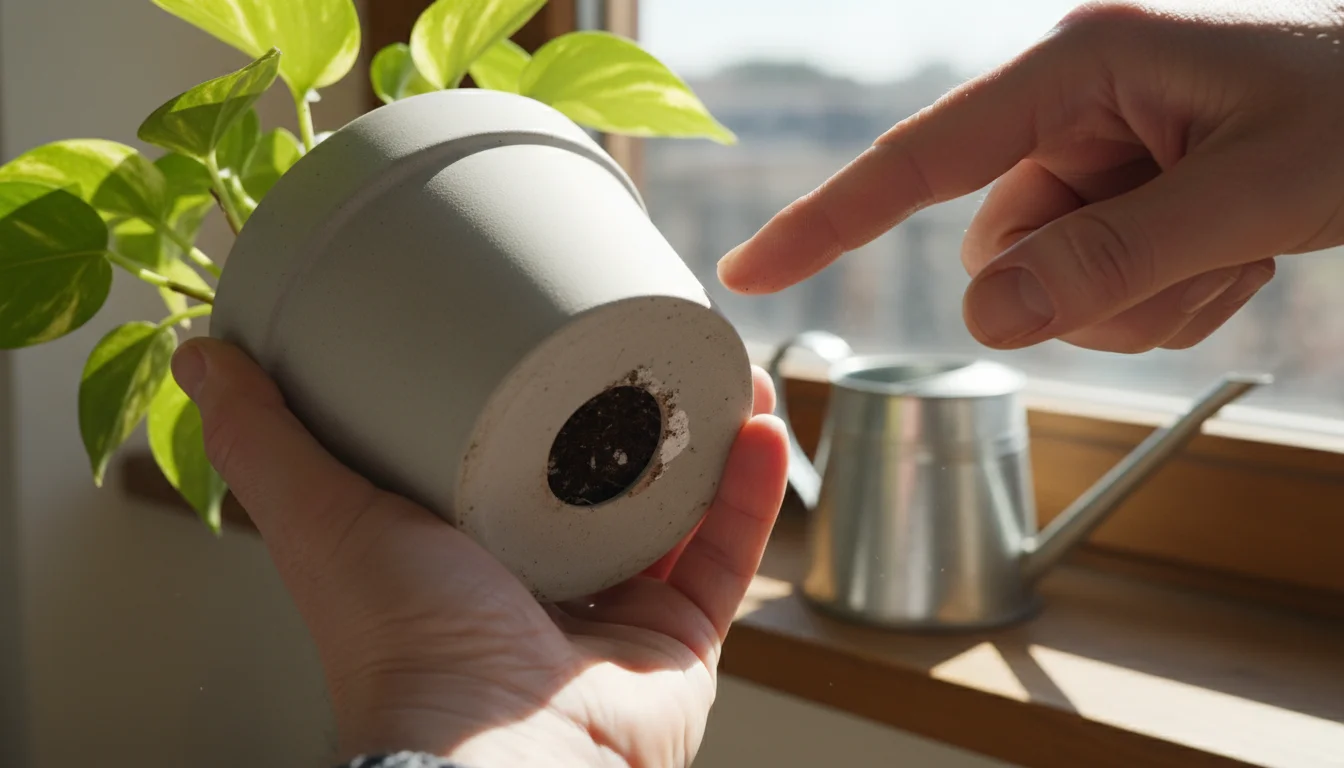 A hand gently lifts a ceramic potted Pothos to reveal its drainage hole, while another finger tests the topsoil moisture on a bright windowsill.