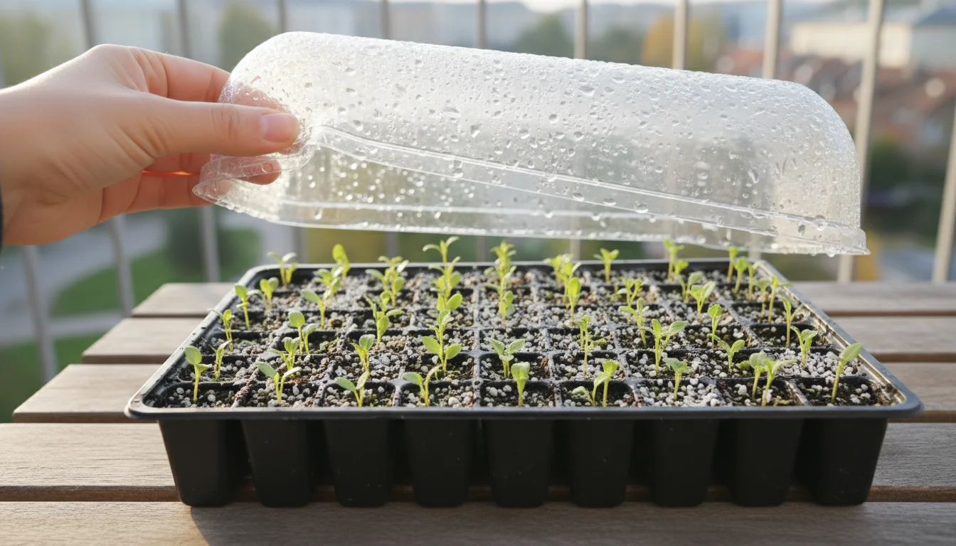 Hand gently lifts a clear dome over a seed-starting tray filled with young green seedlings and perlite on a balcony table.