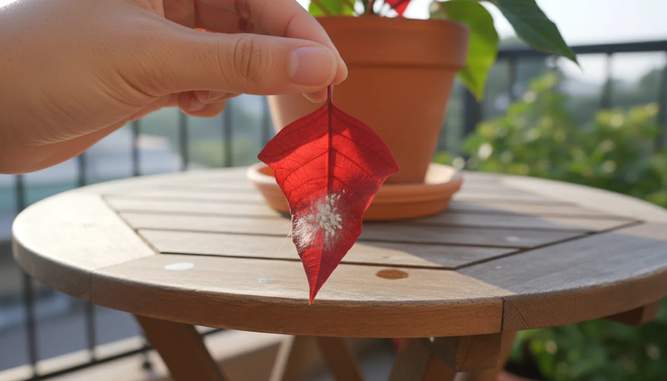 Hand gently lifts a droopy crimson Poinsettia leaf on a balcony table, revealing subtle white mealybugs on its underside.