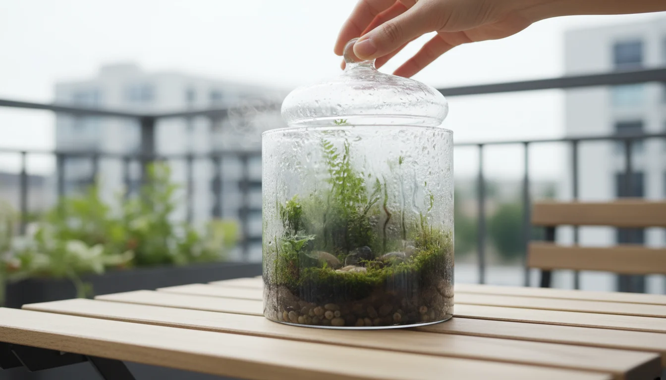 A hand gently lifts the fogged glass lid of a small terrarium, revealing condensation and water droplets inside.