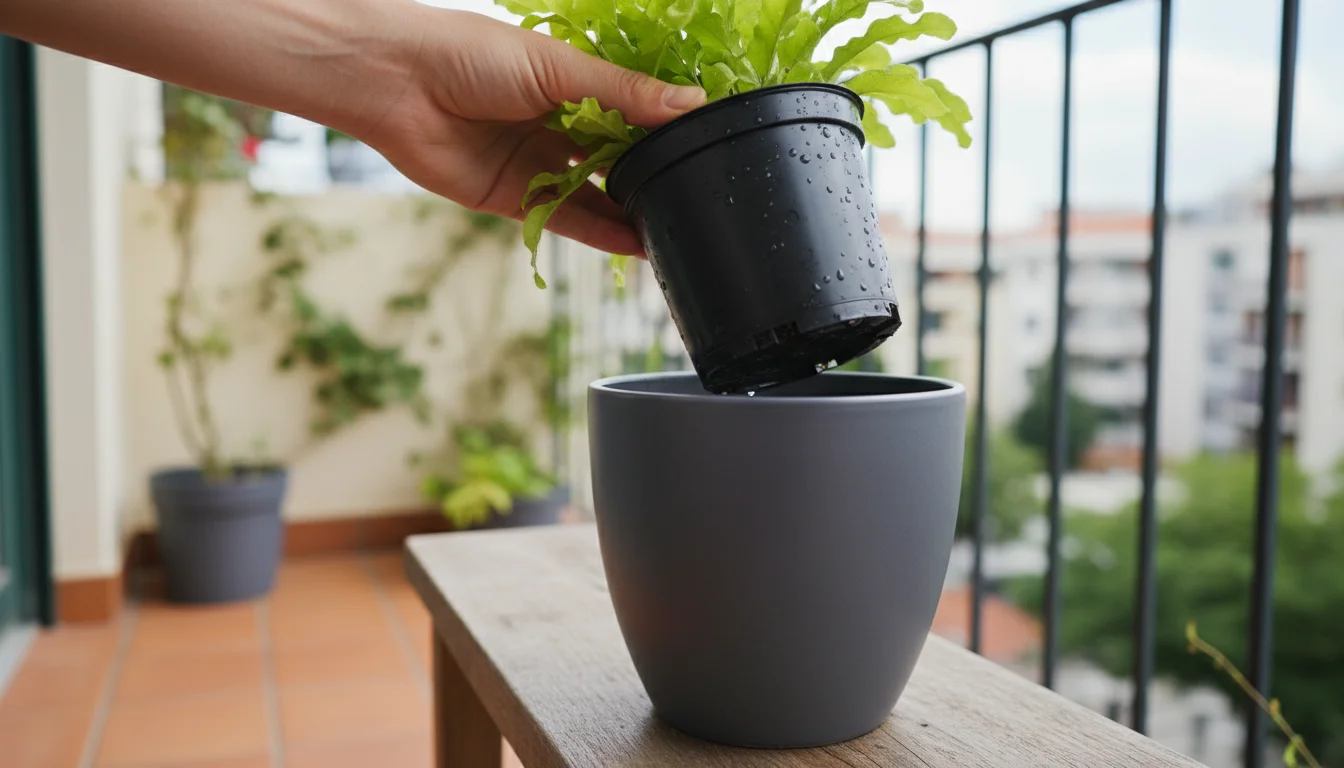 A hand lifts a healthy plant in a nursery pot with drainage holes out of a decorative, non-draining cachepot on a balcony.