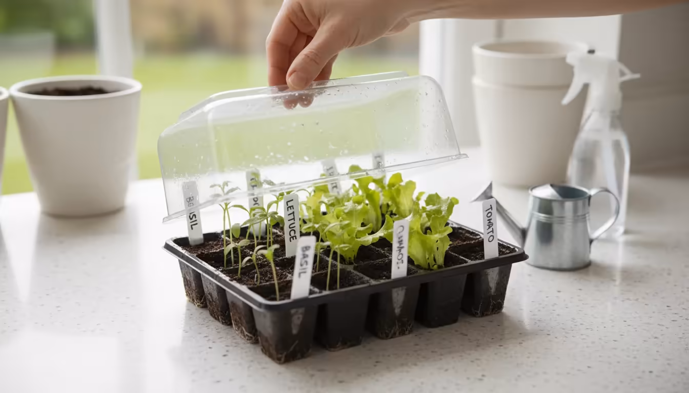 A hand lifts a humidity dome from a tray of vibrant green vegetable seedlings on a heat mat, with a thermostat showing 68°F, on an apartment counter.