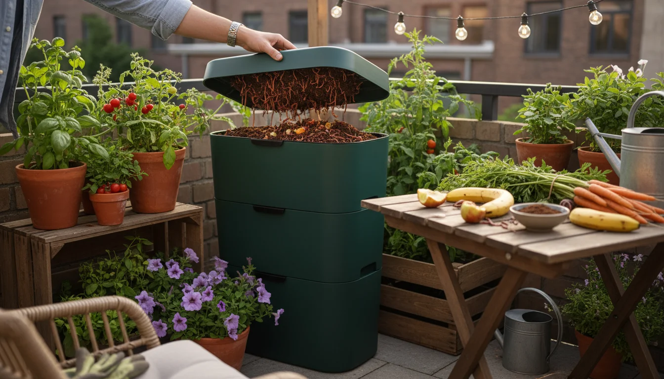 A hand lifts the lid of a compact, dark green worm composting bin on a small urban patio, showing rich compost and worms.